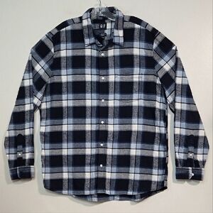 GAP Men's Blue Plaid Organic Cotton Flannel Button Down Shirt, Size XL ~ VGUC